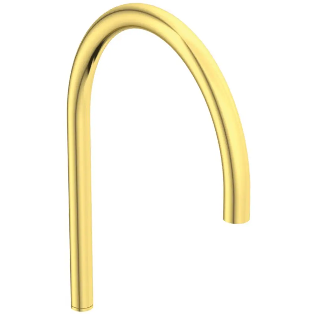 Berührungslos funktionierender Waschtischarm von Ideal Standard mit runder, gebürsteter Goldoberfläche, der in einem modernen Badezimmer eingesetzt werden kann.
